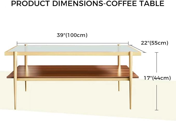 Shrine Rectangle Coffee Table, Mid-Century Modern Design, 2-Tier Structure, Clear Glass Top and Walnut MDF Shelf, 39.4" D x 21.6" W x 17.3" H, Sleek Conical Metal Legs with Gold Finish