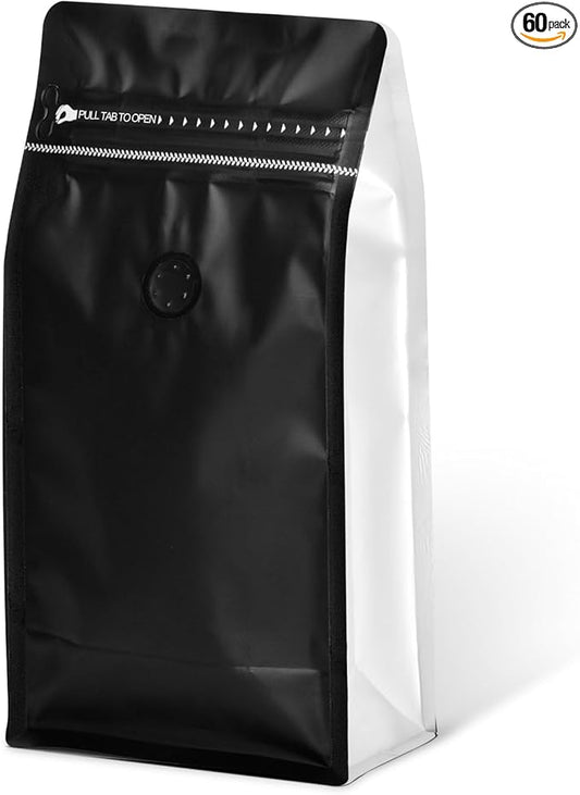 Coffee Bags with Valve(60pcs,16oz,1lb) Vented Coffee Beans Packaging Bags High Barrier Aluminumed Foil Flat Bottom Heat Sealed Side Zipper Resealable Storage Bag for Home or Business（Black+White）