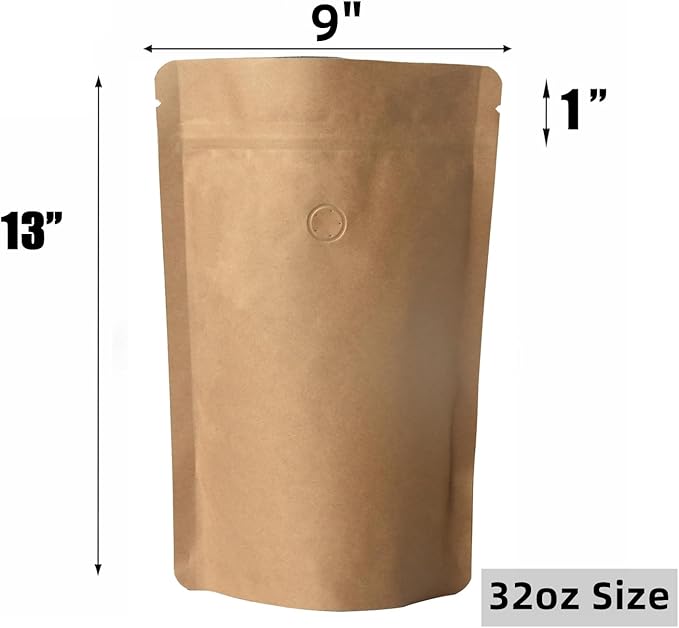 100 Pack Kraft Coffee Bags with Zipper Lock, High Barrier Resealable Stand Up Coffee Pouches, Degassing Valve for Coffee, Size for 32oz/1kg Beans or Grounded