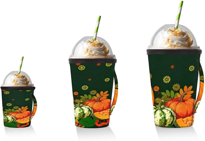 Pardick Pumpkin Autumn Reusable Insulator Coffee Sleeves for Drinks Beverages,Fall Leaves Neoprene Holder with Handle for Most Coffee or Ice Drink, 24-28oz