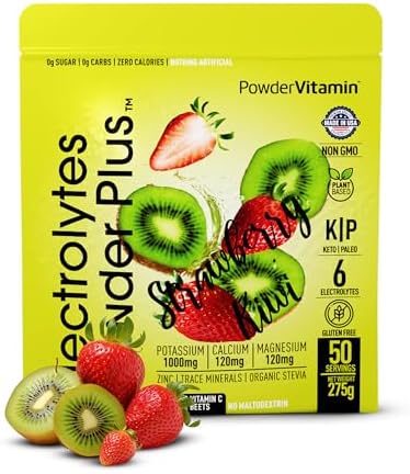 Electrolytes Powder Plus (50 Servings), 0 Calorie Keto, 0 Sugar, No Maltodextrin,1000mg Potassium,120mg Calcium,120mg Magnesium, Hydration Powder (50 Servings, Strawberry Kiwi)