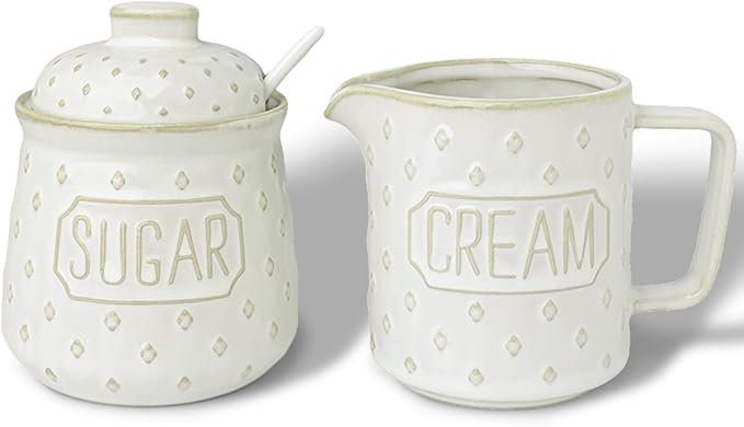 GDCZ Ceramic Sugar and Creamer Set, Milk Creamer and Sugar Container with Spoon, Coffee Serving Set with Sugar Bowl and Cream Pitcher, Set of 2 (White)