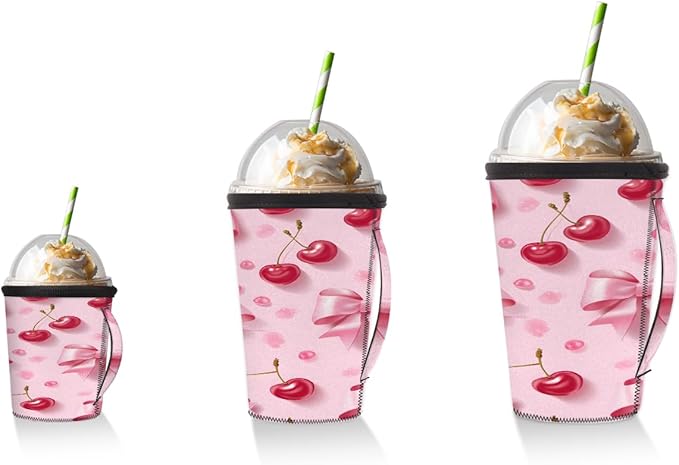 Reusable Iced Coffee Cup Sleeve Pink Bows Neoprene Insulated Sleeves Cup Holder with handle Idea for 24oz - 28oz