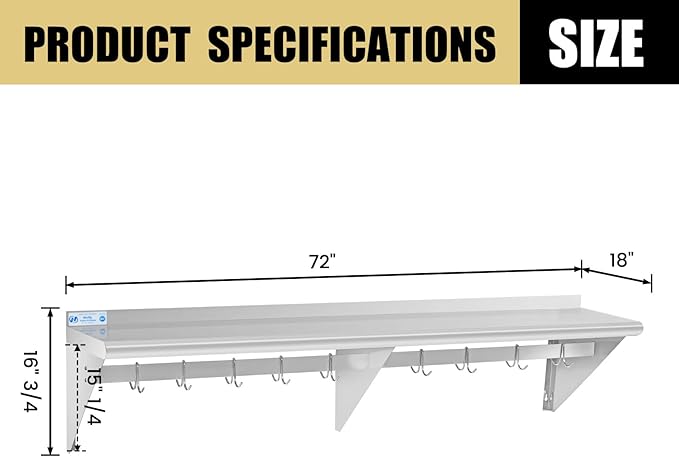 Hally Stainless Steel Shelf with 9 Hooks 18" x 72" Wall Mounted Pot Rack 500lb, NSF Commercial Floating Shelving for Storage Hanging Pots, Pans, cookware in Restaurant, Kitchen, Home and Hotel