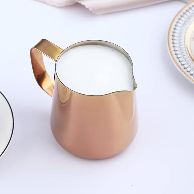 Milk Frothing Pitcher 12oz - 350ml, Kyraton Stainless Steel Espresso Steaming Pitchers with Decorating Pen,Milk Coffee Frother Cups Cappuccino Latte Art Barista Steam Pitchers Milk Jug Cup (Rose Gold)