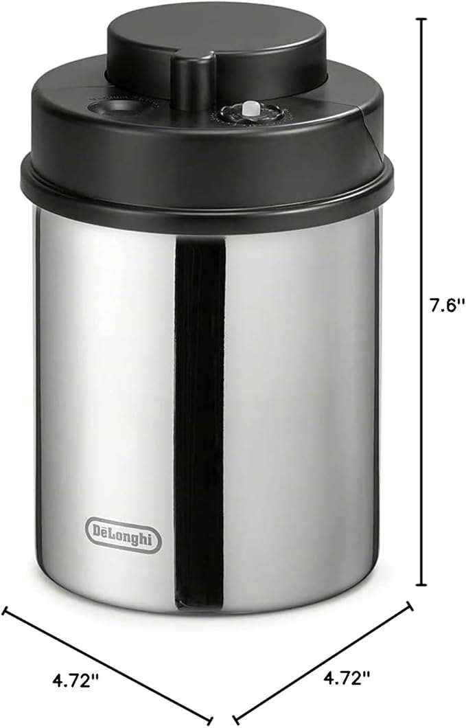 De'Longhi Coffee Canister, Vacuum Sealed Food Storage Container with Airtight Lid & Built-in Date Indicator, Polished Stainless Steel (Holds 1 LB / 500 g), DLSC063
