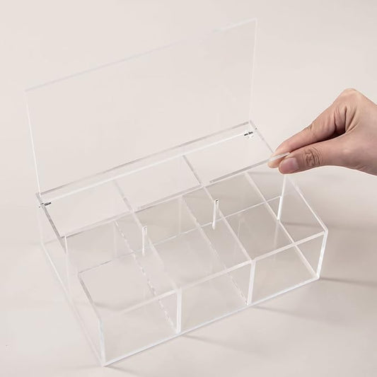 Yeeco Clear Acrylic Capsule Holder with Lid 6 Section Plastic Drawer Box Organizer 7.6”×5.1”×2.6” 6 Compartments Desk Cube Containers for Jewelry，Candy，Coffee，Make Up Accessories