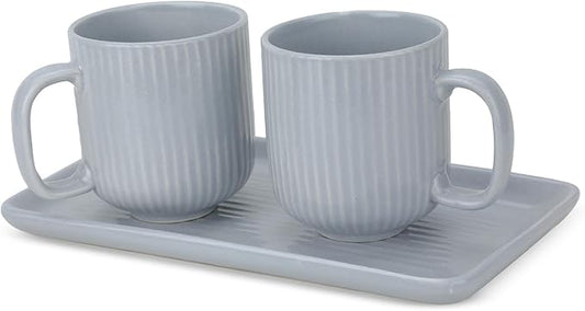 Ceramic Coffee Mugs with Handle Set – 2-Piece 11 Oz Ceramic Coffee Cups & 9" Tray, Handmade Gray Color, Microwave Safe Gift Set for Tea Lovers, Home Kitchen Décor