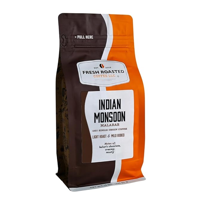 Fresh Roasted Coffee, Indian Monsoon Malabar, 12 oz, Light Roast, Kosher, Whole Bean