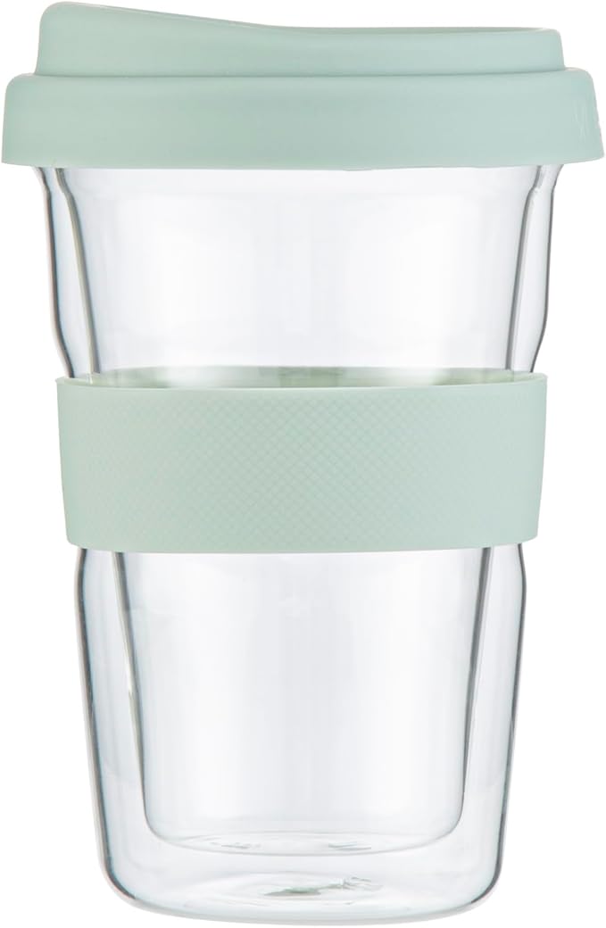 Restaurantware Glass Travel Mug 1 Count 14 Ounce Double Wall Borosilicate Reusable Coffee Cup, Spill-Resistant Mint Green Silicone Lid, Clear Drinkware Mug for Hot and Cold Beverages