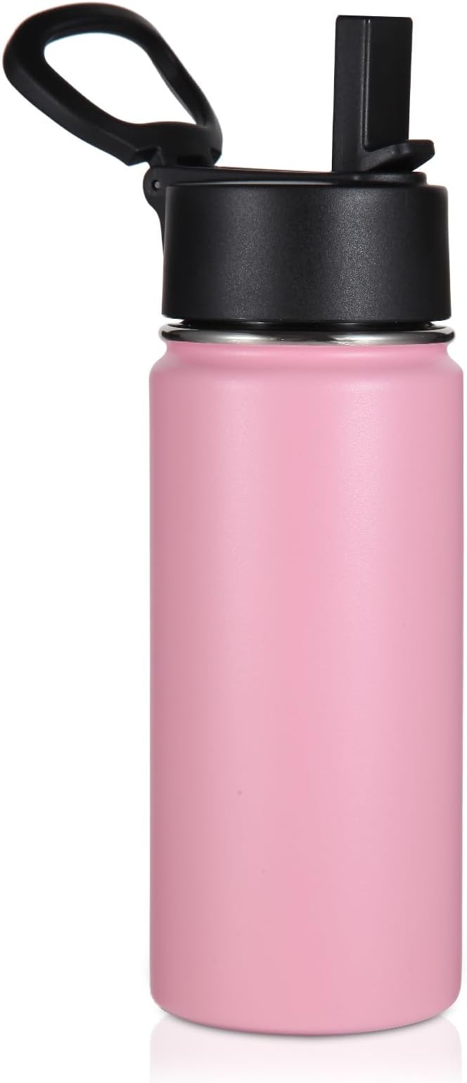 Volhoply Kids Insulated Water Bottle with Straw,16oz Stainless Steel Cold Water Bottles for School,BPA-Free Metal Wide Mouth Cups with Handle Lid,Reusable Double Wall Vacuum Sport Flask(Pink,1)