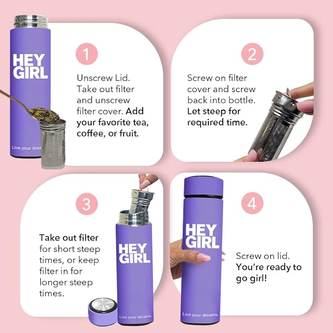 Hey Girl Tea Infuser Bottle 450ml - Insulated Stainless Steel Water Bottle - Tea Tumbler with Tea Diffuser - Portable Travel Mug for Loose Leaf Tea & Infused Water - Tea Lovers Gifts for Women