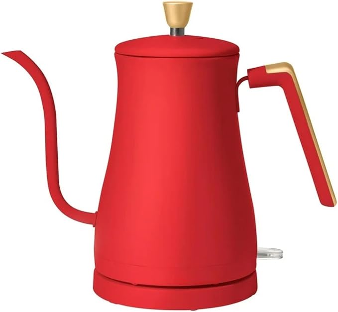 Electric Gooseneck Kettle 1 Liter 1200W, Stainless Steel, Pour Over Coffee Tea, Auto Shut-Off, 360° Cordless Power Base (Tomato Red)