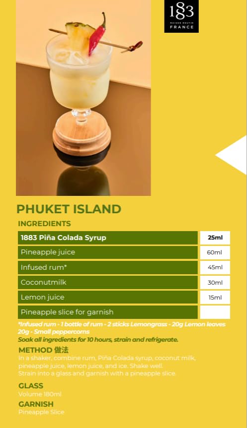 1883 Piña Colada Syrup for Drinks, Made in France, 1 Liter Glass Bottle