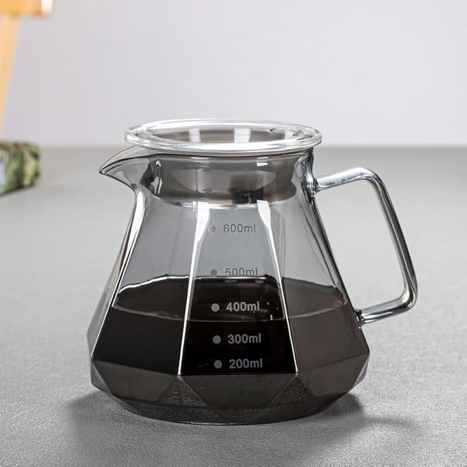 BeeCa Smoked Glass Pour Over Coffee Maker Set, 20oz/600ml All-in-One Brewer, Borosilicate Carafe with Handle & Lid, Includes 50 cone-shaped paper filters (Size 02), Home Office Essential