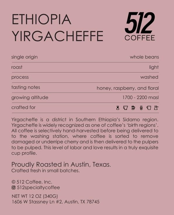 512 Coffee Ethiopia Yirgacheffe Light Roast Whole Bean – Single Origin Specialty Coffee with Tasting Notes of Raspberry, Honey & Floral – Fresh Roasted for Filter Brewing
