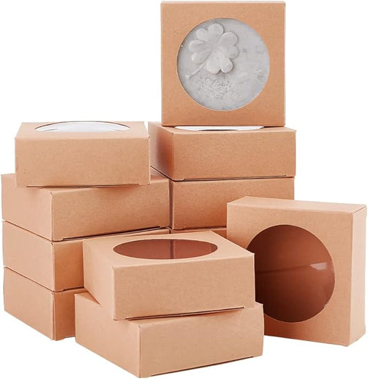 BENECREAT 24 Packs Brown Kraft Square Paper Boxes Gift Wrapping Box with Round Clear Window 3x3x1.2 for Homemade Soap, Party Favor Treats and Jewelry Packaging