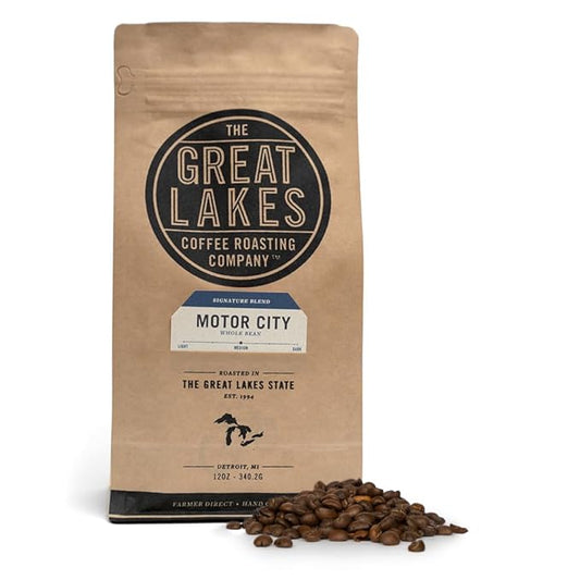 Great Lakes Medium Roast Whole Bean Coffee, Motor City Signature Blend, Farmer Direct Sourced from Brazil, Columbia, and Guatemala, 12 Ounces