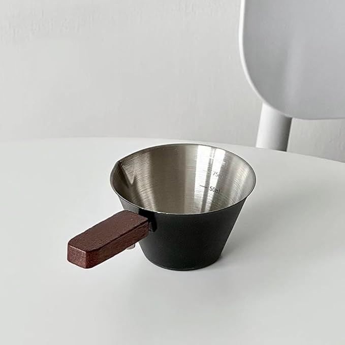 Zonfer Stainless Steel Espresso Shot Cup with Wooden Handle for Coffee Measuring and Brewing, Multi-Purpose Espresso & Milk Ounce Cup with Measurement Marks