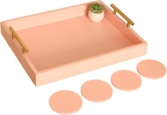 Serving Tray 16.5“X 13“Deluxe Wooden Ottoman Tray for Coffee Table with Polished Gold Metal Handles and 4 Coasters, Living Room Bathroom Coffee Bar Organizer Modern Decorative Pink Tray