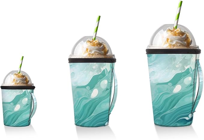 Ocean Blue Marble Reusable Insulator Coffee Sleeves for Drinks Beverages, Neoprene Holder with Handle for Most Coffee or Ice Drink, 24-28oz