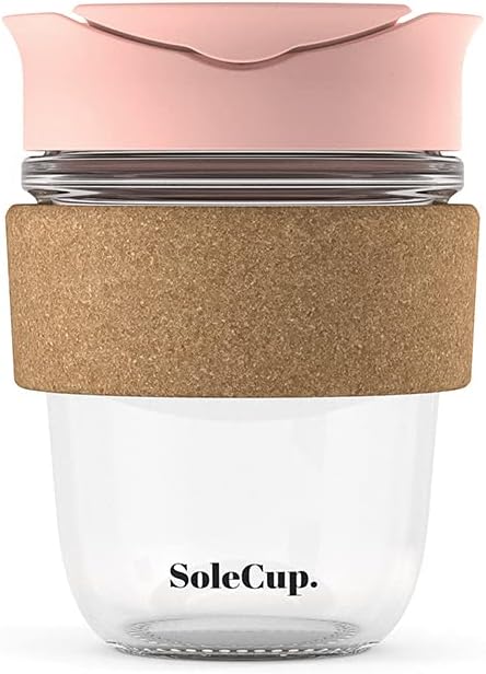 Reusable Strengthened Glass Travel Cup - Spill Proof Insulated Coffee Mug - 12oz/340ml BPA-Free Hot Drink Travel Mug with Lid & Cork Band (Pink, 12oz)