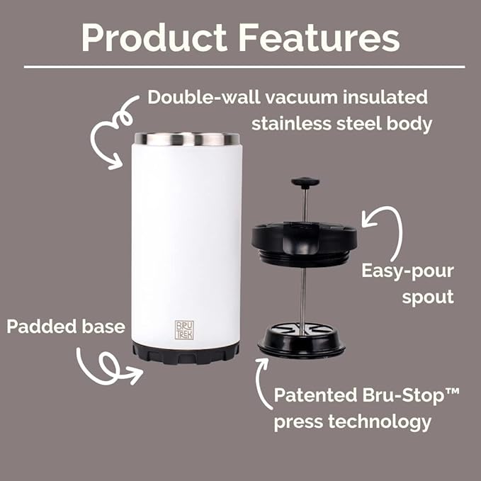 BruTrek Steel Toe 3.0 Travel Coffee Press - Brew 20 fl.oz On The Go - No Spill Lid, Double Wall Vacuum Insulated Stays Hot for Hours, French Press Coffee (Red Rock)