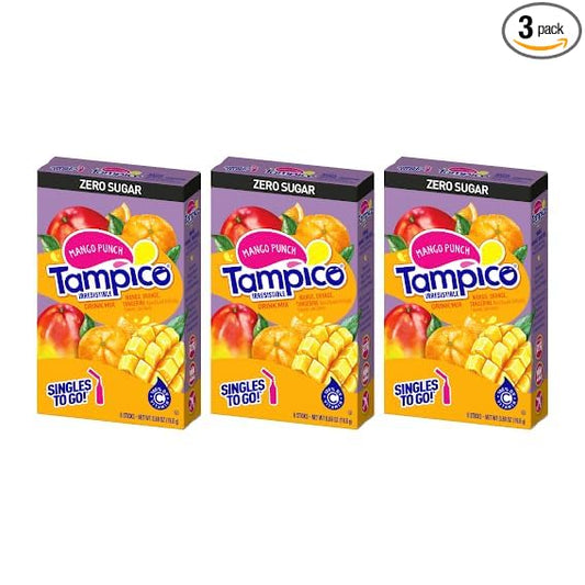 Tampico Singles To Go Drink Mix Packets, Mango Punch, Zero Sugar, Low Calorie, 100% DV of Vitamin C per Serving, Convenient, On-The-Go Water Enhancers, 6 Count (Pack - 3)