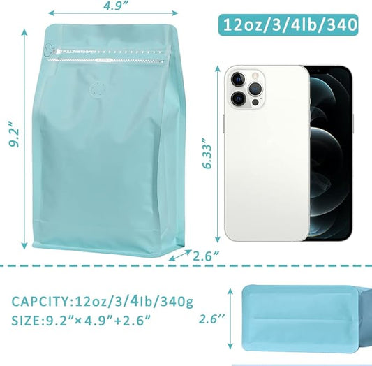 coffee bags with Valve High Barrier Aluminumed Foil Flat Bottom Standing Coffee Beans Storage Bags,Reusable Heat Sealable Side Zipper Pouches (12oz/50pcs, Blue)