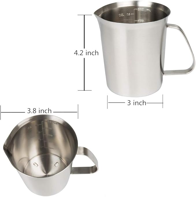 Stainless Steel Measuring Cup (16 Ounce/ 0.5 Liter- 2 Cup), Milk Frothing Pitcher, Steaming Pitcher, Milk Frothing Cup Jug with Marking with Handle for Espresso Machines, Latte Art