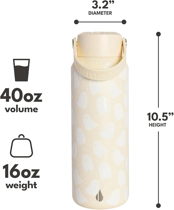 Elemental 40oz Insulated Water Bottle with Straw - 100% Leak-Proof Stainless Steel Core Water Bottles for Travel, Sports and Gym - Double Wall Insulation & BPA Free - Little Ghostie