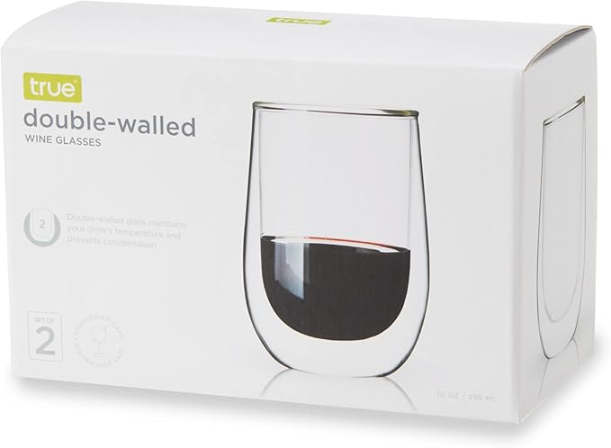 True Double Walled Stemless Wine Glasses, 10 oz Borosilicate Glass Cups for Red and White Wines, Insulated Cocktail Glasses, Clear Iced Coffee Cups, Home Bar Glassware, Wine Lovers Gifts, Set of 2