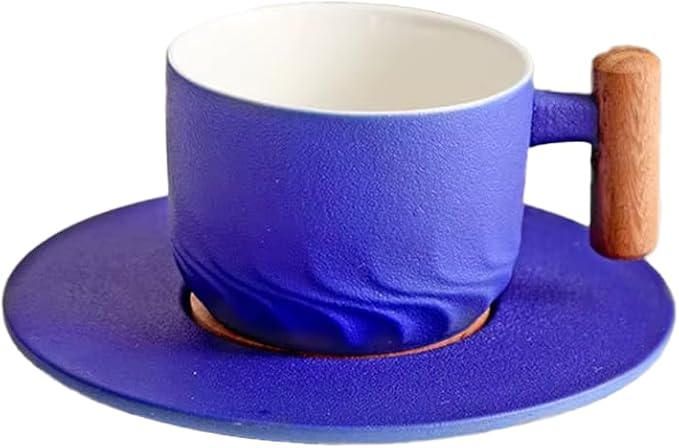 PRINCE G Japanese Style Ceramic Mug 130 ml with Matching Saucer – Handmade Minimalist Espresso, Coffee, Tea & Matcha Cup, Ideal Gift Set with Handgrip (BLUE)