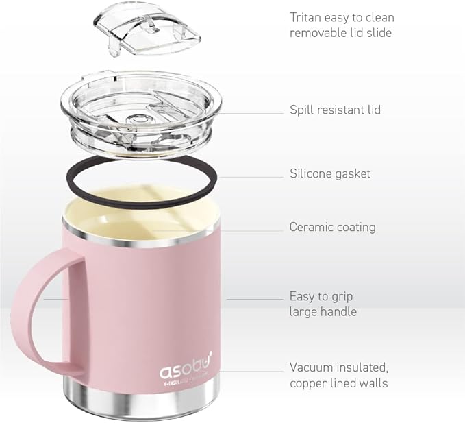 asobu Ultimate Ceramic Travel Mug, 12oz Insulated Stainless Steel Coffee Cup with Handle & Splash-Resistant Lid, Ceramic Lined for Pure Taste, BPA-Free, Double-Wall Vacuum for Hot Drinks