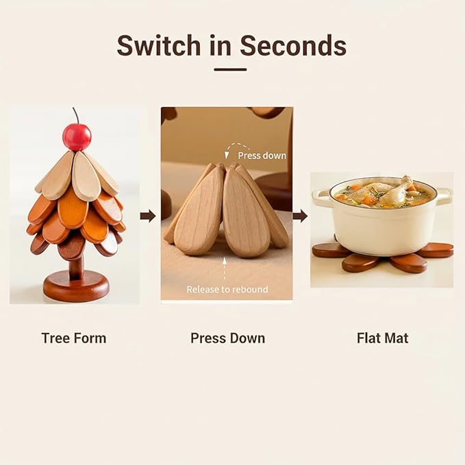 2 Toppers Wooden Tree Trivets Set of 4 for Hot Dishes, Wood Cup Coasters for Drinks, Hot Pads for Hot Pot/Hot Pan & Plate, Christmas Modern Kitchen Counter Decor, Cooking Accessories