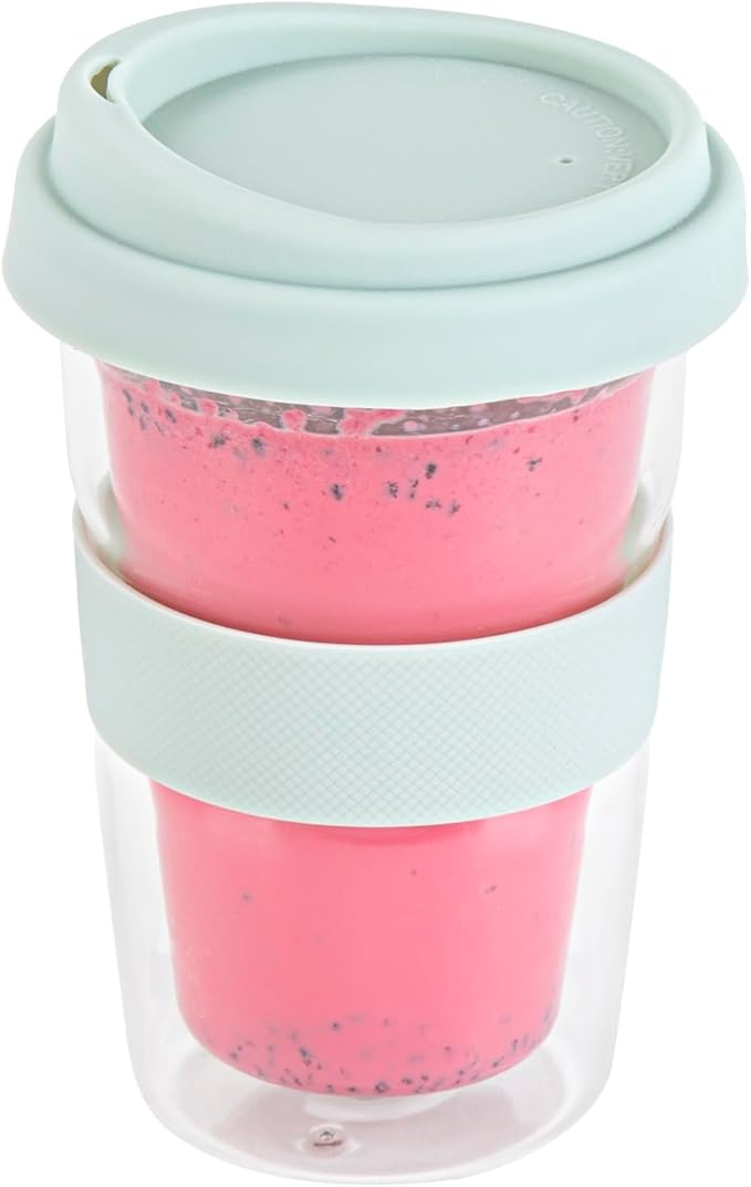 Restaurantware Glass Travel Mug 1 Count 14 Ounce Double Wall Borosilicate Reusable Coffee Cup, Spill-Resistant Mint Green Silicone Lid, Clear Drinkware Mug for Hot and Cold Beverages