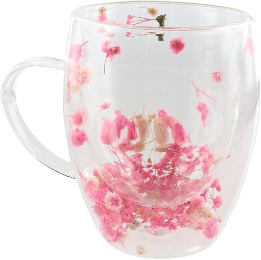 Dried Flower Double Wall Glass Coffee Mugs, 350ML Clear Flower Coffee Mug Cup with Handle Insulated Heat Resistant Glass Cup for Tea Latte Cafe Milk Hot Cold Beverages
