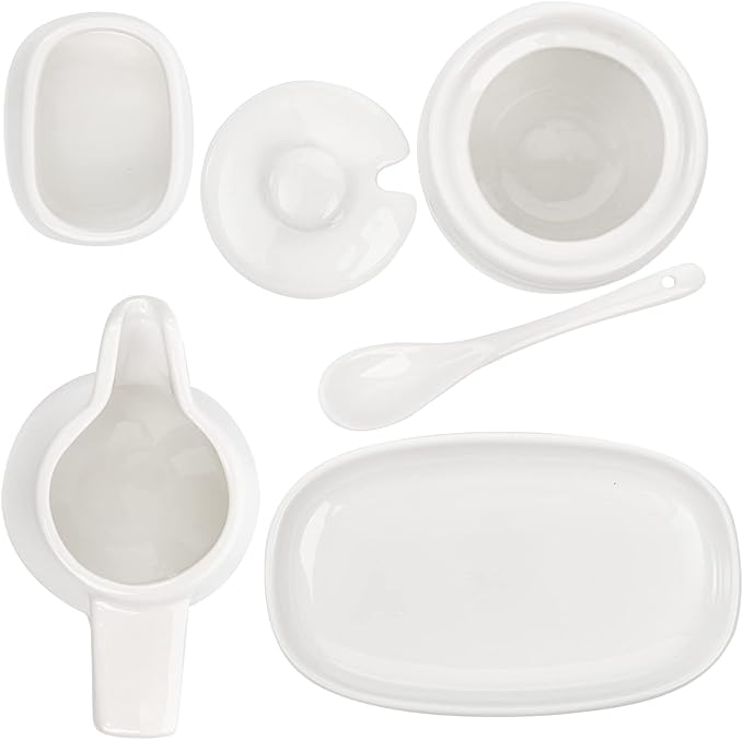 ZENFUN Set of 4 Porcelain Creamer and Sugar Set with Saucer, Sugar Bowl with Lid and Spoon, Cream Pitcher, Sweetener Holder, Coffee Serving Set for Kitchen Home Cafe Christmas Party, Restaurant