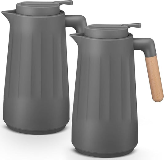 2 Pcs 34 oz Thermal Coffee Carafe for Keeping Hot/Cold Double Wall Vacuum Carafe with Insulated Glass Liner and Wood Handle Coffee Pot Container for Drinks Milk Tea Chocolates(Gray)