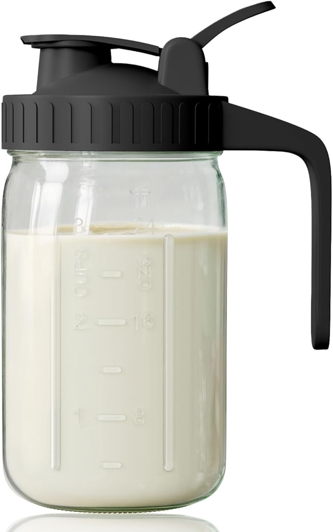 Breast Milk Pitcher, Mason Jar 32 oz, Wide Mouth Jar with Green Flip Cap Lid and Pour Spout, Heavy Duty Airtight Seal for Freshness and Convenience, Great for Cold Beverages and Home Entertaining