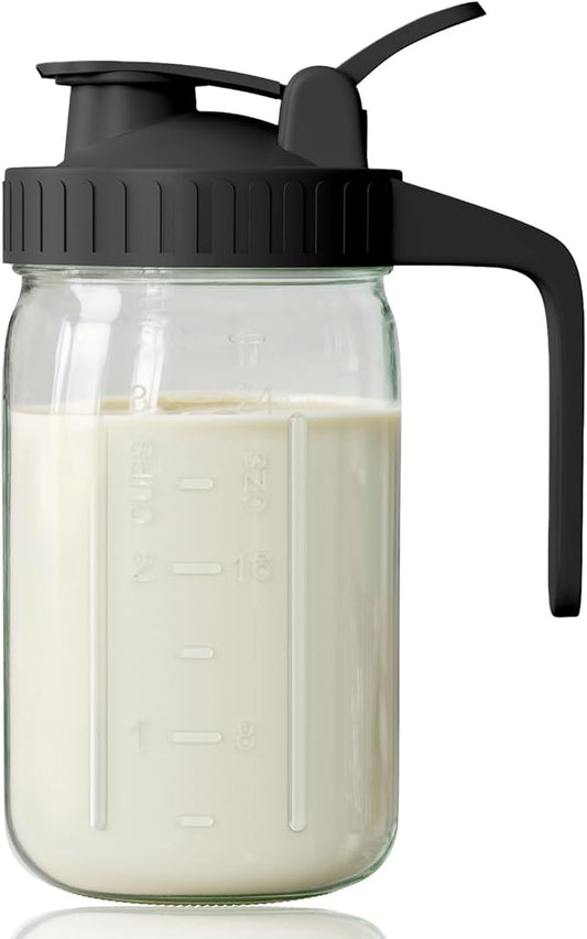 Breast Milk Pitcher, Mason Jar 32 oz, Wide Mouth Jar with Green Flip Cap Lid and Pour Spout, Heavy Duty Airtight Seal for Freshness and Convenience, Great for Cold Beverages and Home Entertaining