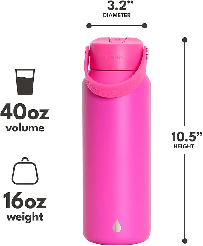 Elemental 40oz Insulated Water Bottle with Straw - 100% Leak-Proof Stainless Steel Core Water Bottles for Travel, Sports and Gym - Double Wall Insulation & BPA Free - Hot Pink