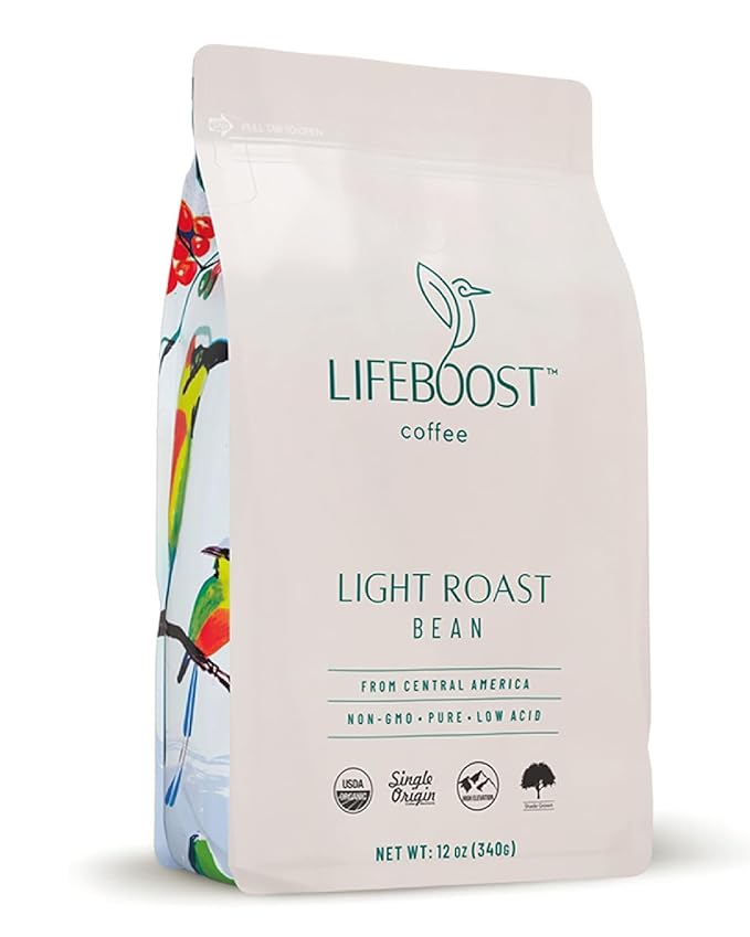 Lifeboost Light Roast Whole Bean Coffee - Low Acid Organic Coffee, Non-GMO, USDA Organic, Single Origin, Third-Party Tested for Mycotoxins & Pesticides - 12 oz Bag