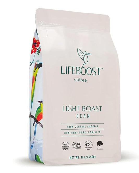 Lifeboost Light Roast Whole Bean Coffee - Low Acid Organic Coffee, Non-GMO, USDA Organic, Single Origin, Third-Party Tested for Mycotoxins & Pesticides - 12 oz Bag