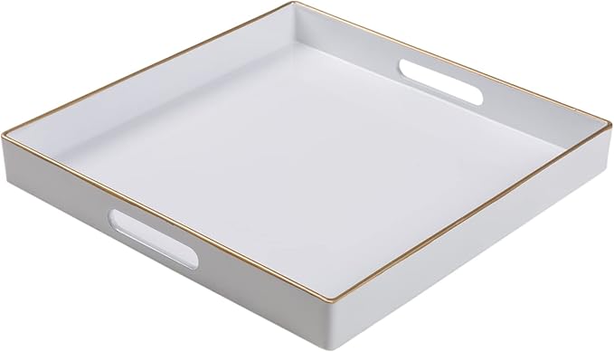 MAONAME 13" Decorative Tray, White Serving Tray with Handles, Coffee Table Trays, Square Plastic Trays for Ottoman, Bathroom, Kitchen