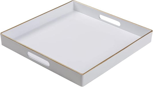 MAONAME 13" Decorative Tray, White Serving Tray with Handles, Coffee Table Trays, Square Plastic Trays for Ottoman, Bathroom, Kitchen