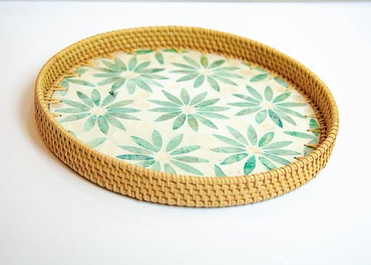 Magenta & Teal Round Rattan Serving Tray with Mother of Pearl Inlay, Wicker Coffee Table Decor, Farmhouse Style (Light Blue Flower Pink)