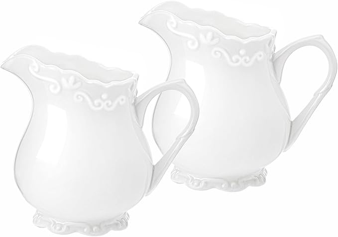 2Pcs Vintage Pure White Ceramic Creamer with Handle, 6 Oz Coffee Milk Creamer Pitcher.