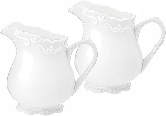 2Pcs Vintage Pure White Ceramic Creamer with Handle, 6 Oz Coffee Milk Creamer Pitcher.