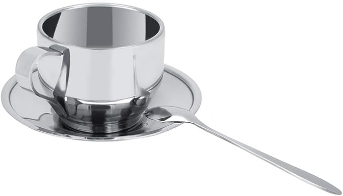 Stainless Steel Mug and Saucer Set, 4 oz Insulated Coffee Cup Double Wall Espresso Cups with Saucer and Spoon Coffee Mug for Latte, Cappuccino, Milk, Tea, Hot and Cold Beverages